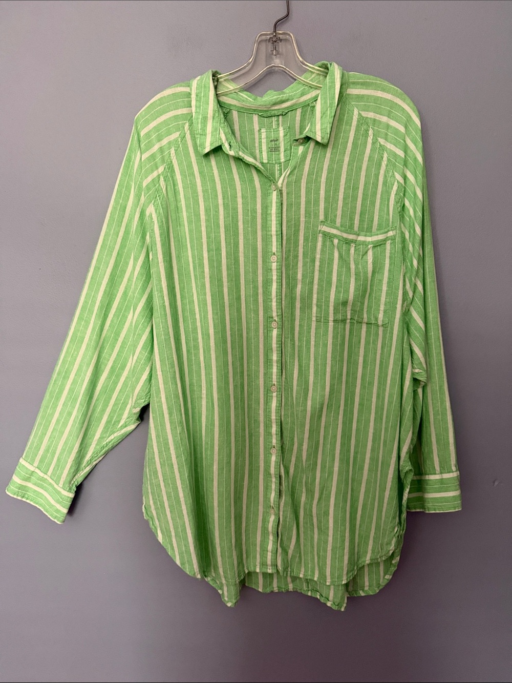 Aerie Oversized Linen-Blend Striped Shirt L Green White Coastal Beach Cover-Up